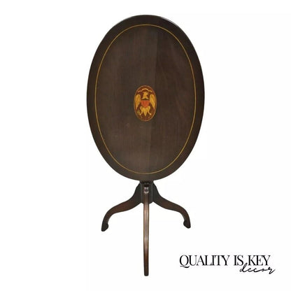 Antique Federal Sheraton Mahogany Eagle Shield Flag Inlay Tilt Top Lamp Table