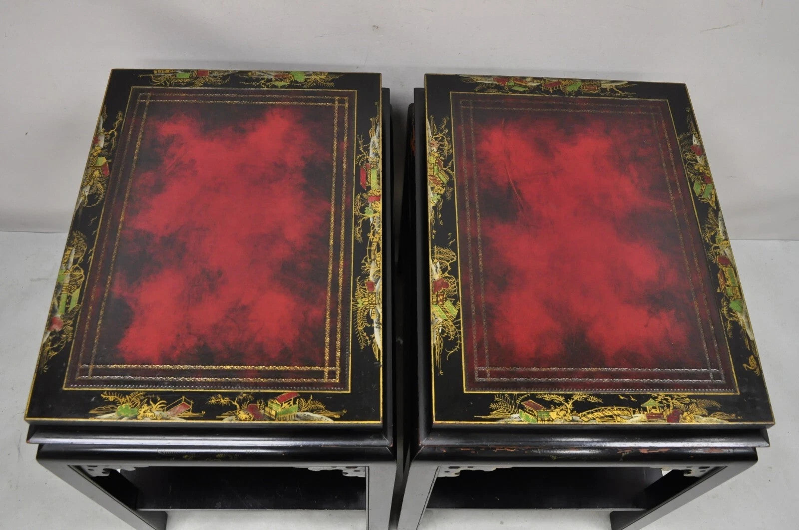 Vintage Chinoiserie Black Lacquered Red Leather Top 2 Tier End Tables - a Pair