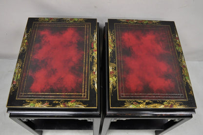 Vintage Chinoiserie Black Lacquered Red Leather Top 2 Tier End Tables - a Pair
