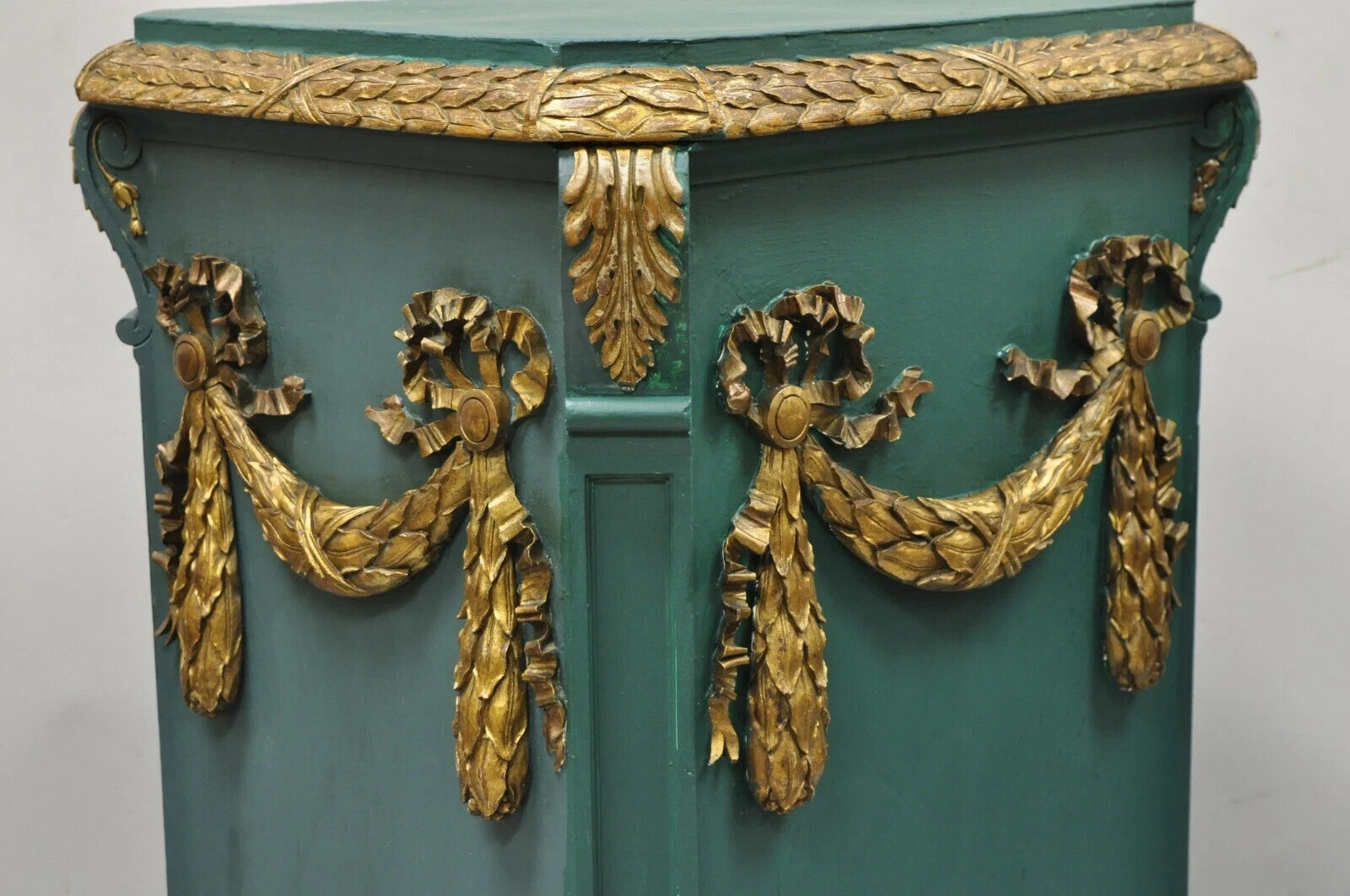 Vintage French Louis XVI Style Green Gold Carved Wood 39" Column Pedestal Stand
