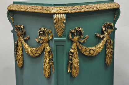 Vintage French Louis XVI Style Green Gold Carved Wood 39" Column Pedestal Stand