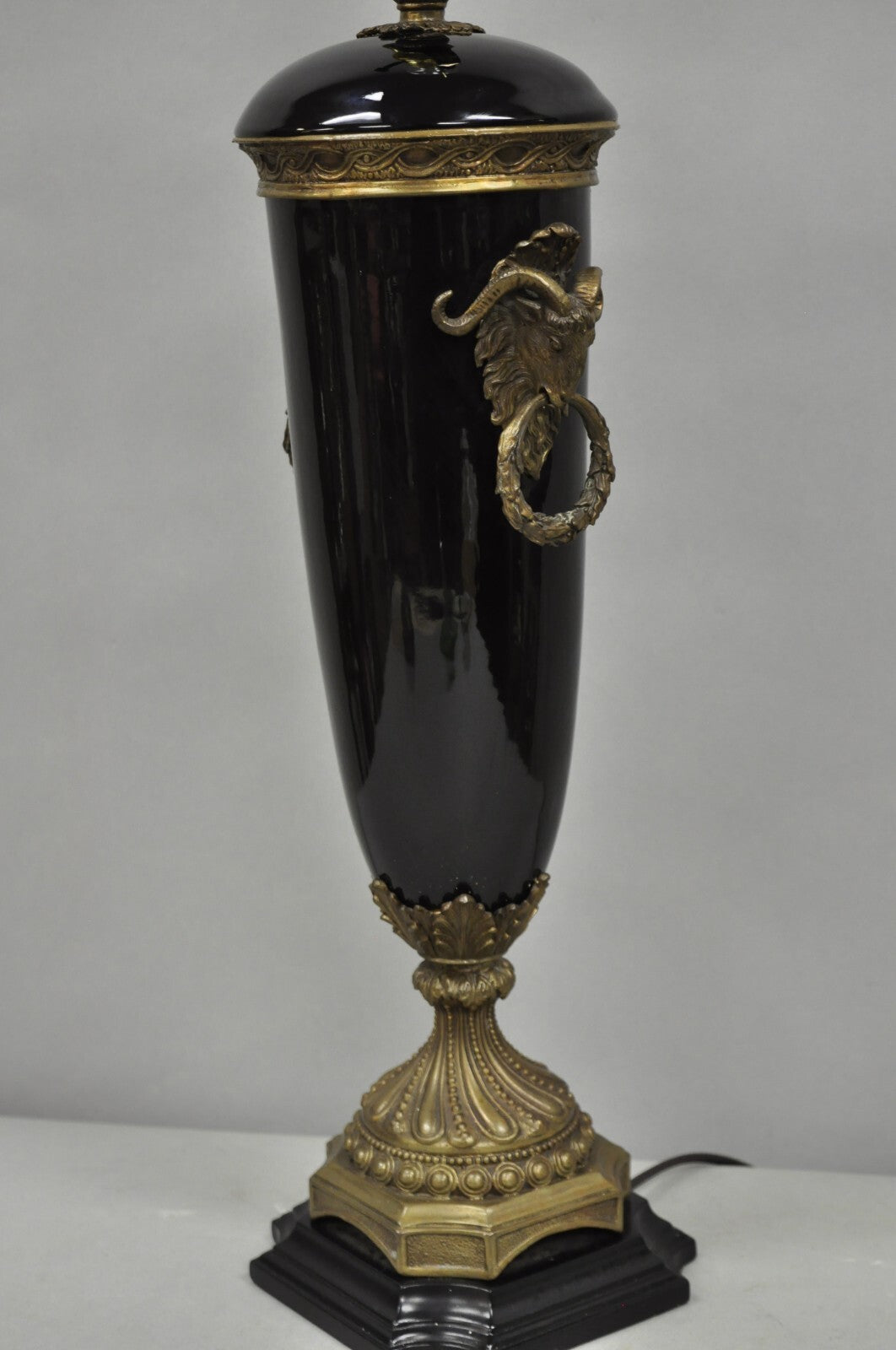 Vintage French Neoclassical Black Porcelain Urn Form Table Lamp w/Bronze Rams