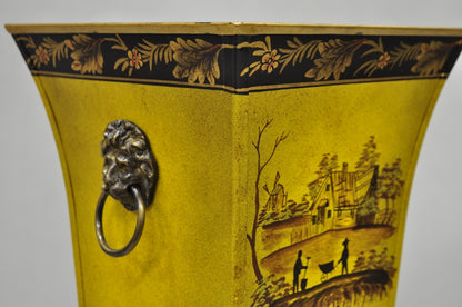 Vintage Chinoiserie French Country Yellow Metal Toleware Wastebasket Trash Can