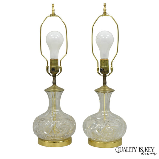 Vintage Victorian Cut Crystal Leaded Glass Small Bulbous Table Lamps - a Pair