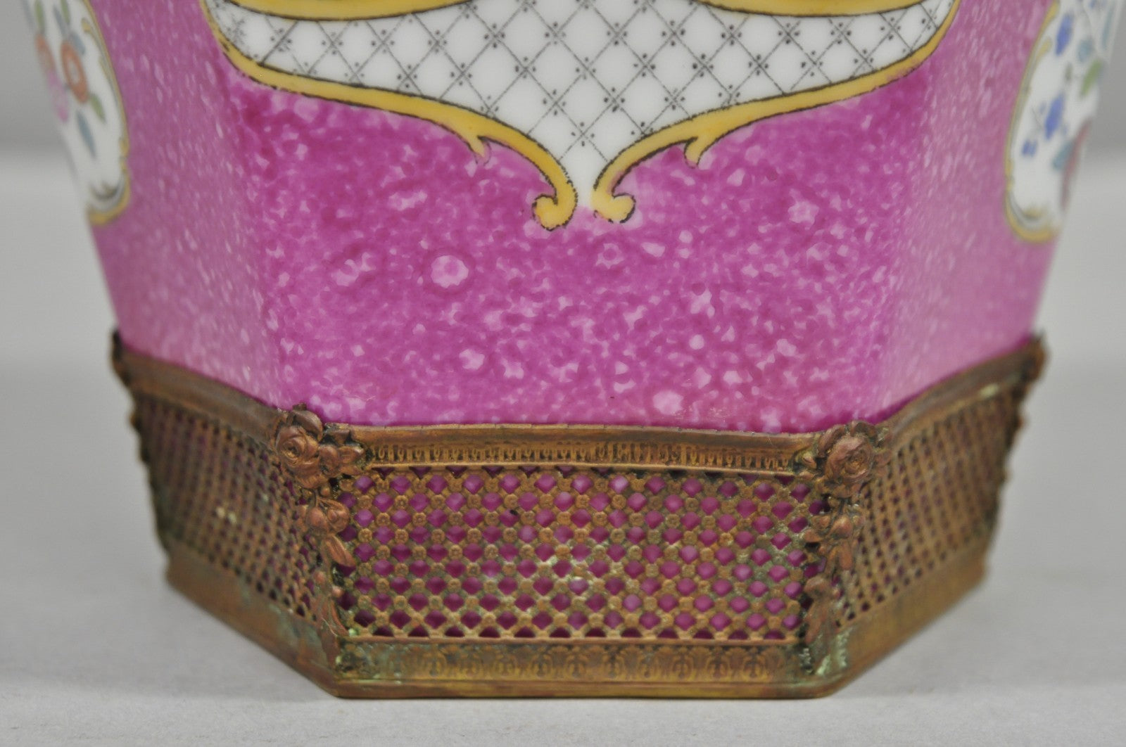 Antique Chinoiserie Pink French Porcelain German Ormulu Bird Painted Vase