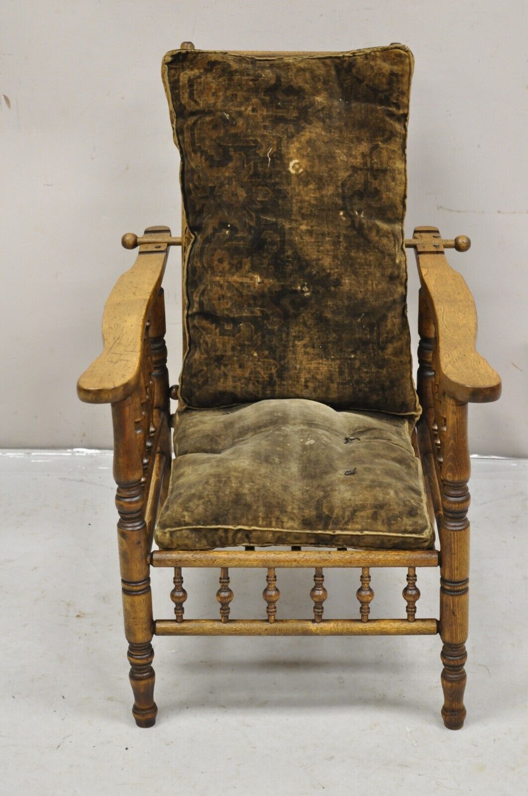 Antique Arts & Crafts Mission Turn Carved Walnut Small Child's Morris Chair