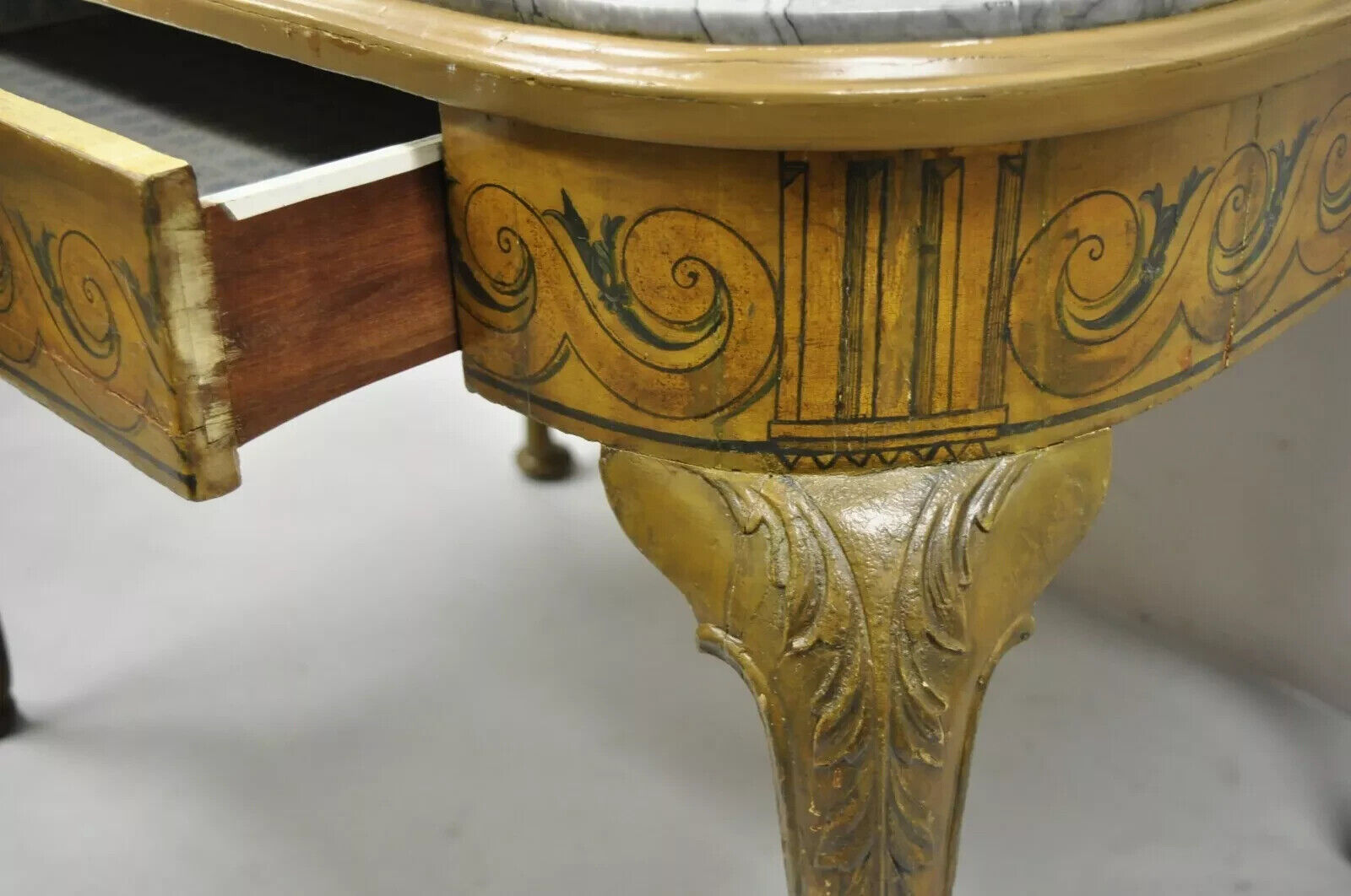 Antique French Adams Style Hand Painted Queen Anne One Drawer Center Table