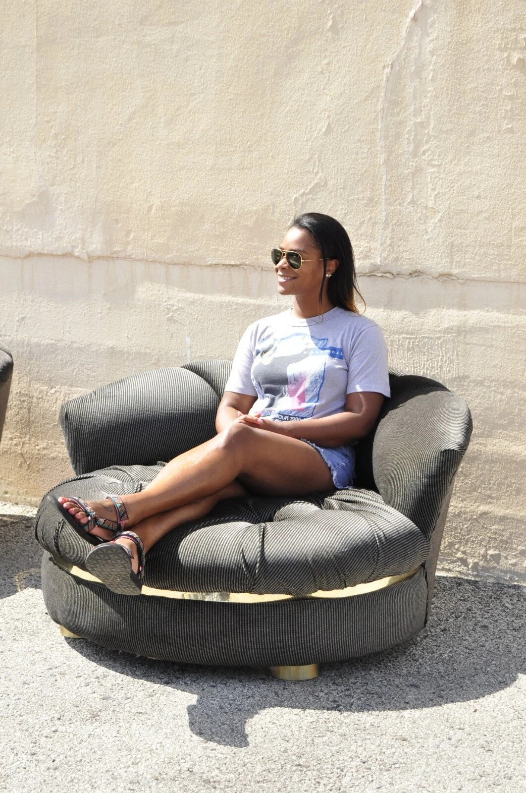 Mid Century Modern Milo Baughman Style Round Black Club Lounge Chair - a Pair