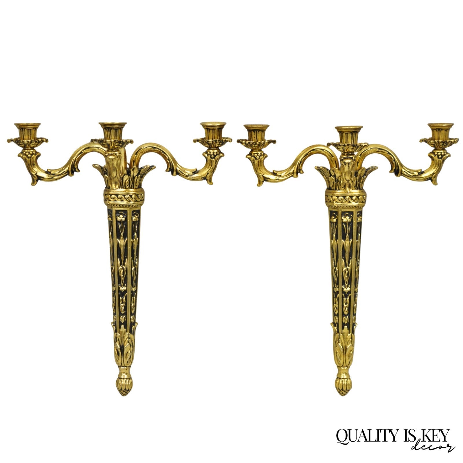 Vintage French Empire Gold Gilt Metal 3 Arm Torch Candelabra Wall Sconces a Pair