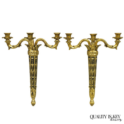 Vintage French Empire Gold Gilt Metal 3 Arm Torch Candelabra Wall Sconces a Pair