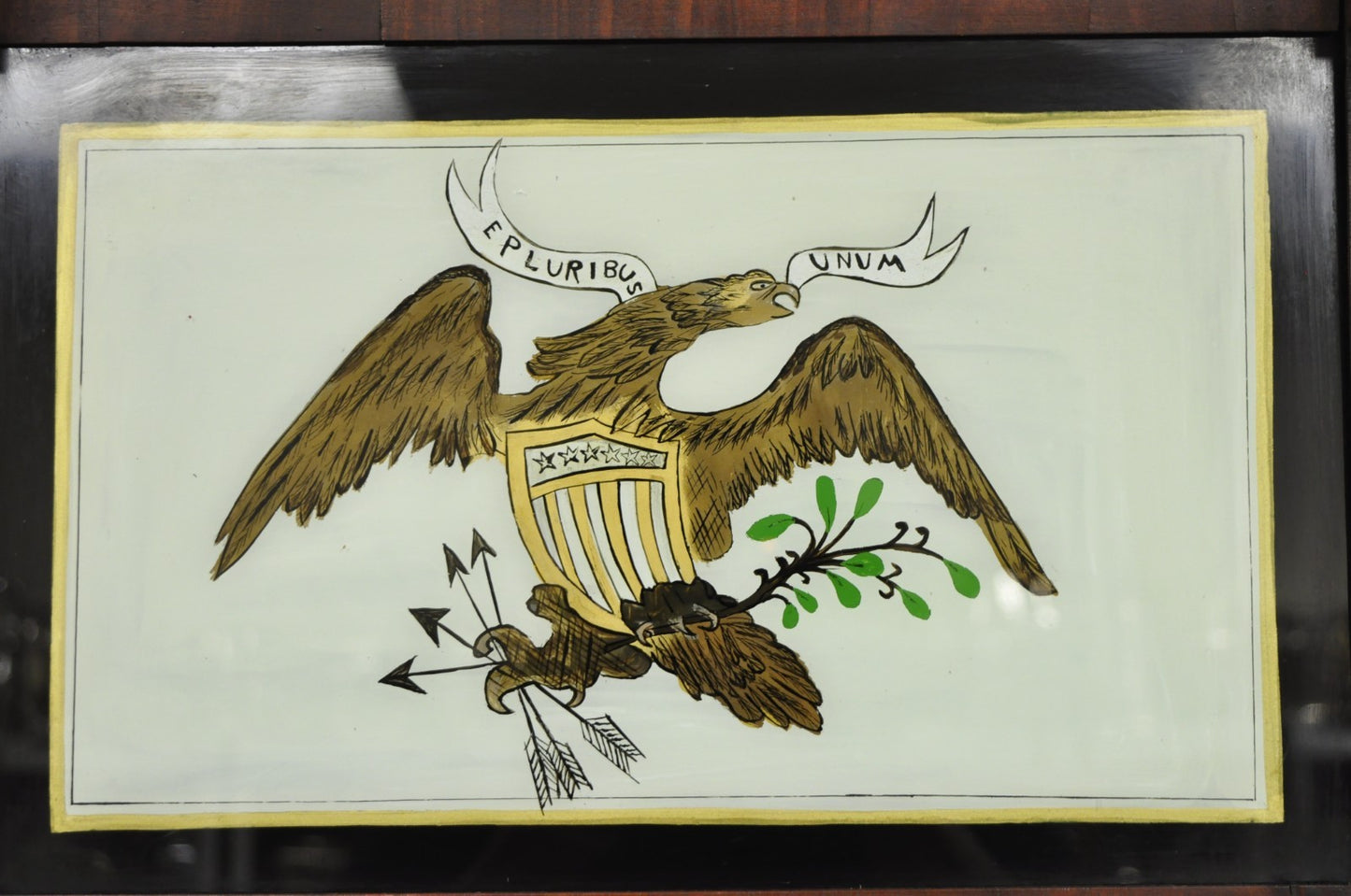 Antique American Federal Mahogany Reverse Painted Eagle Trumeau Wall Mirror