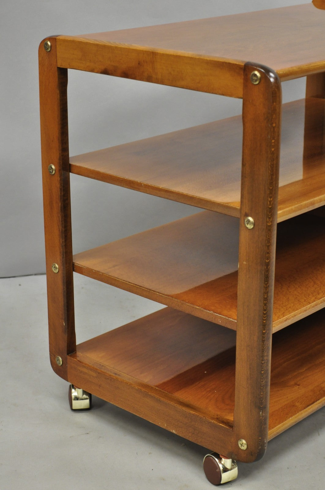 Vintage Mid Century Modern Lacquered Cherry Wood Rolling Cart TV Stand Shelf
