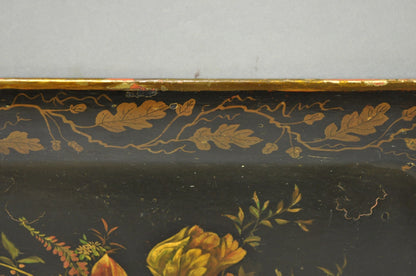Antique French Country Tole Metal Hand Painted Floral Large Serving Platter Tray