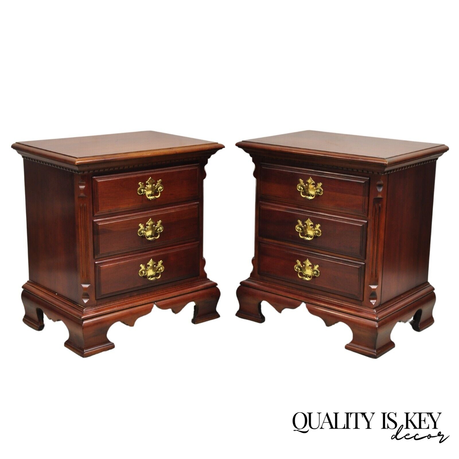 Vintage Lexington Chippendale Style Cherry Wood Nightstands Commode - a Pair