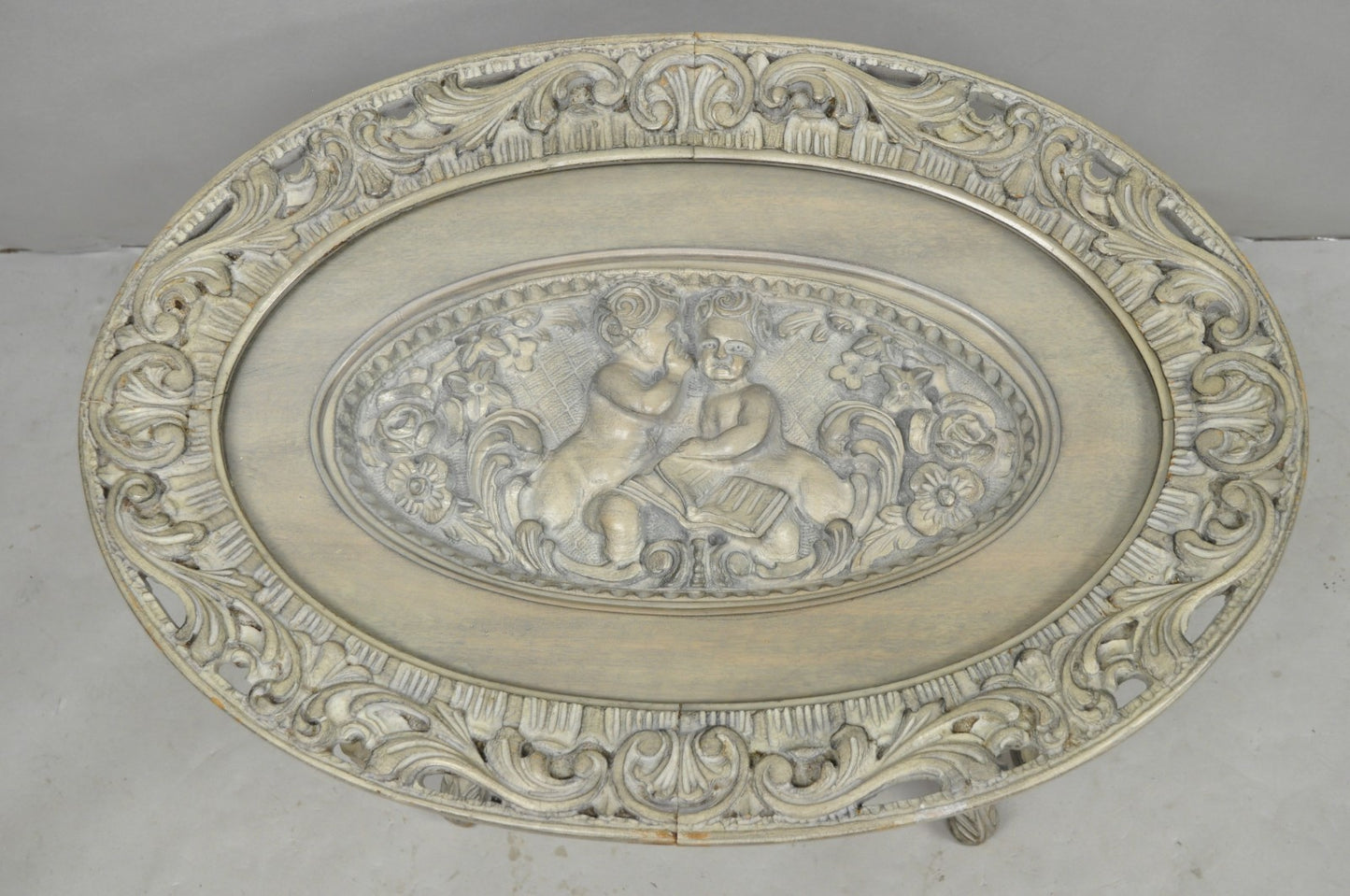 Vintage French Renaissance Walnut Gray Distress Painted Cherub Coffee Table