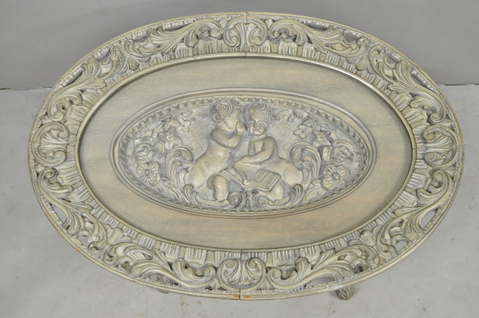 Vintage French Renaissance Walnut Gray Distress Painted Cherub Coffee Table