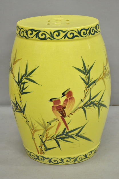 Vintage Chinese Chinoiserie Yellow Porcelain Ceramic Garden Seat w Painted Birds