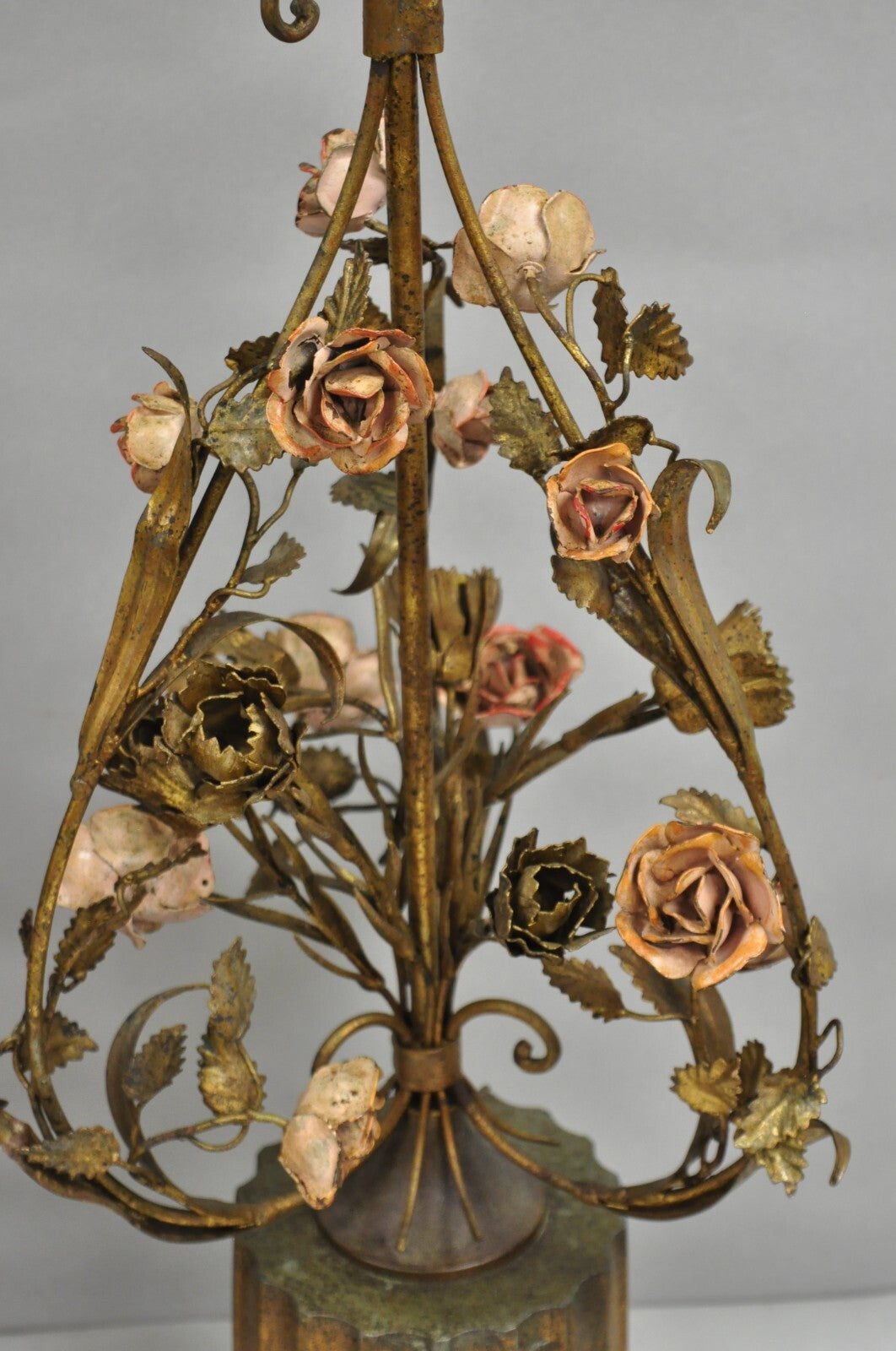 Italian Hollywood Regency Gold Gilt Iron Metal Pink Rose Tall Table Lamps Pair