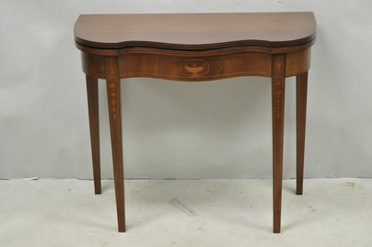 Antique Sheraton Federal Mahogany Urn Inlay Flip Serpentine Console Game Table
