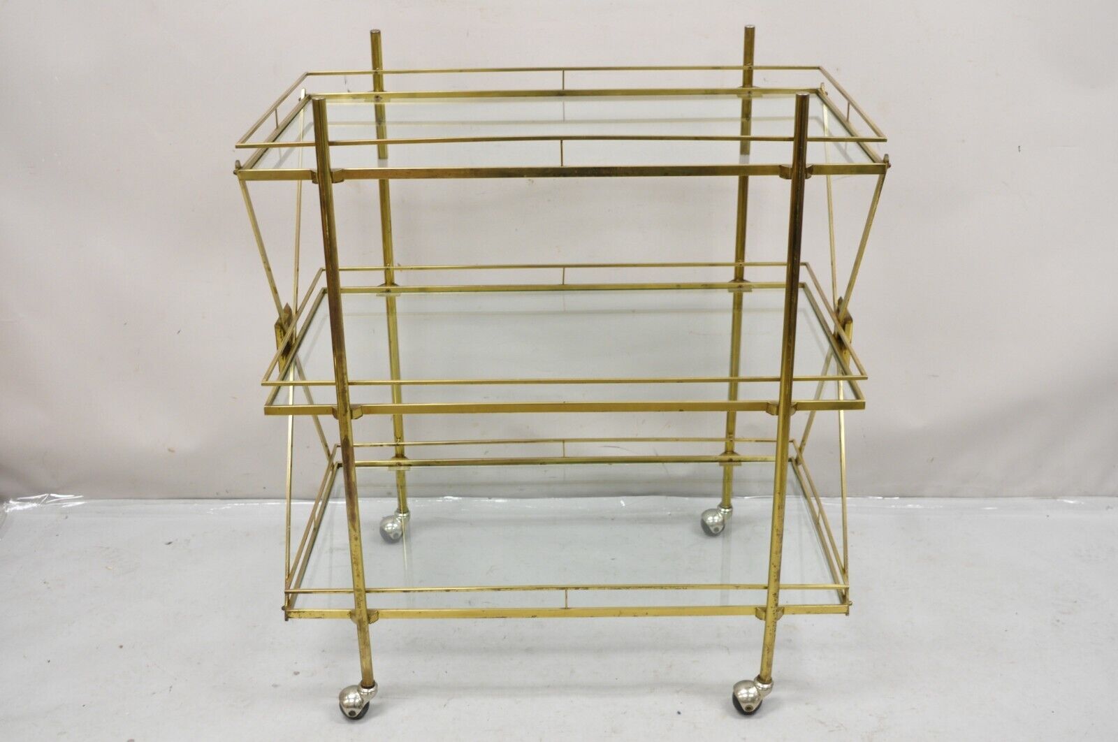 Mid Century Italian Modern 3 Tier Brass & Glass X-Frame Rolling Server Bar Cart