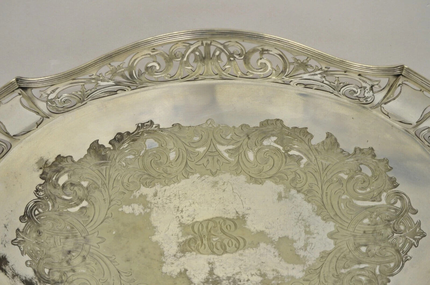Antique D&H England Victorian Silver Plated Scalloped Serving Platter Bar Tray