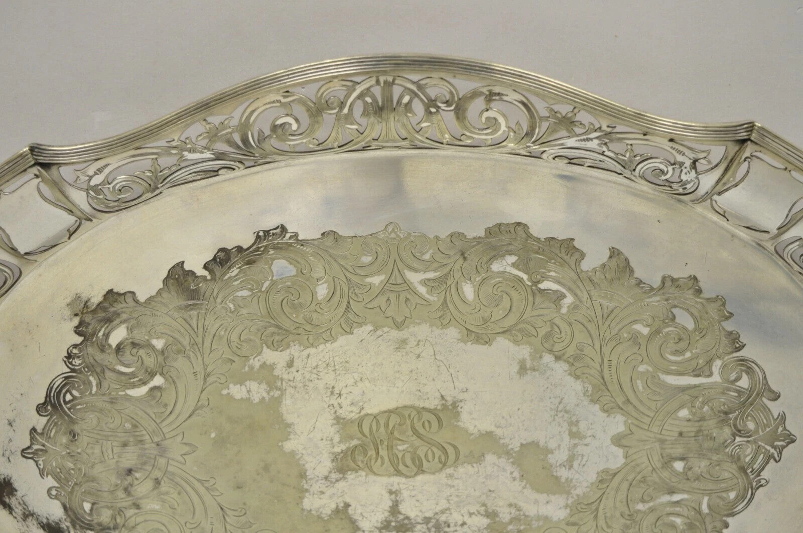 Antique D&H England Victorian Silver Plated Scalloped Serving Platter Bar Tray
