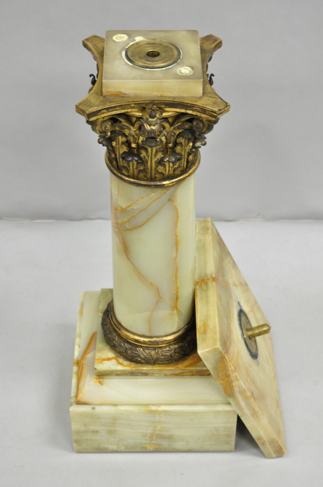 Antique French Empire Bronze Classical Corinthian Column Green Onyx 30" Pedestal