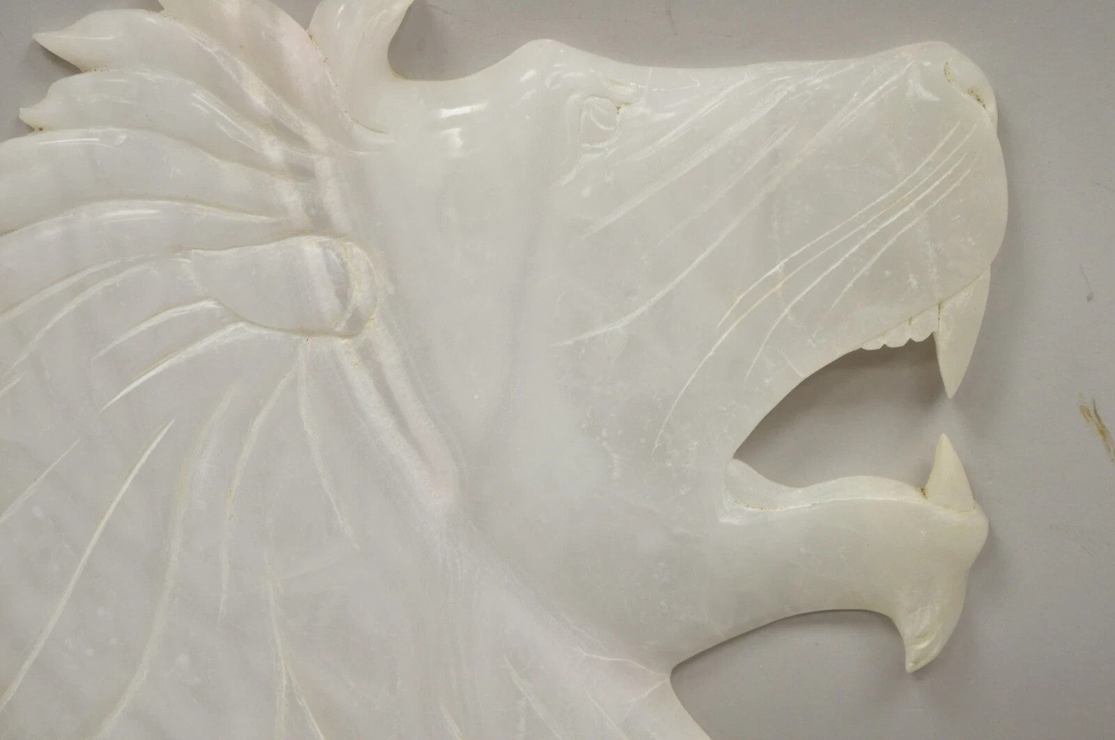 Vintage Italian Carved White Alabaster Lion Head Sculpture Statue Figure (B)