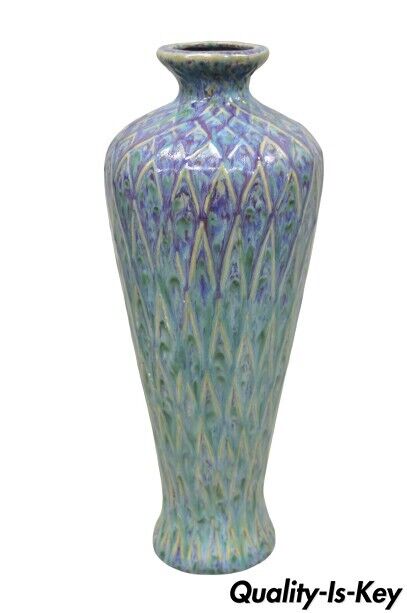 Mid Century Modern Ceramic Pottery Glazed Feather Pulled 20" Purple Blue Vase