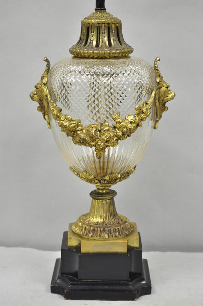 Antique French Neoclassical Bronze Lion Ormolu Diamond Cut Glass Urn Table Lamp