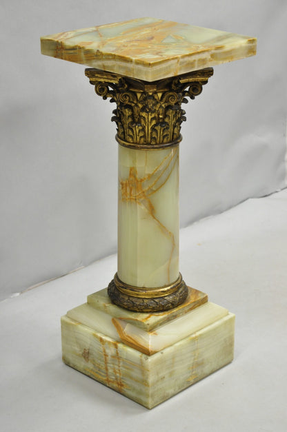 Antique French Empire Bronze Classical Corinthian Column Green Onyx 30" Pedestal