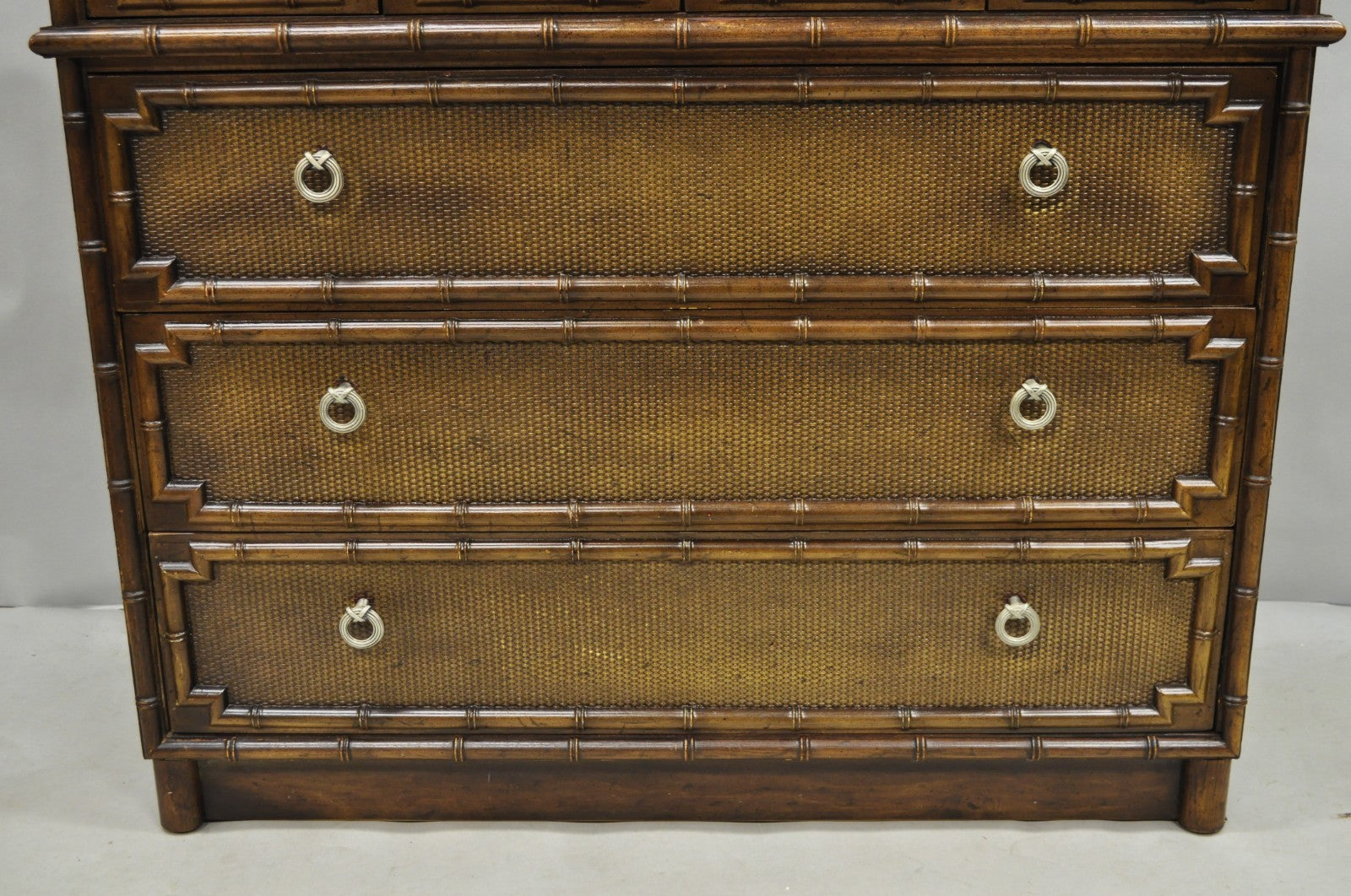 Drexel Chinese Chippendale Faux Bamboo Fretwork Rattan Tall Chest Dresser