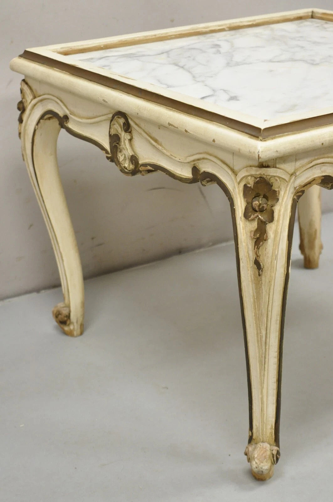 Vintage French Louis XV Style White Painted Marble Top Low Square Coffee Table