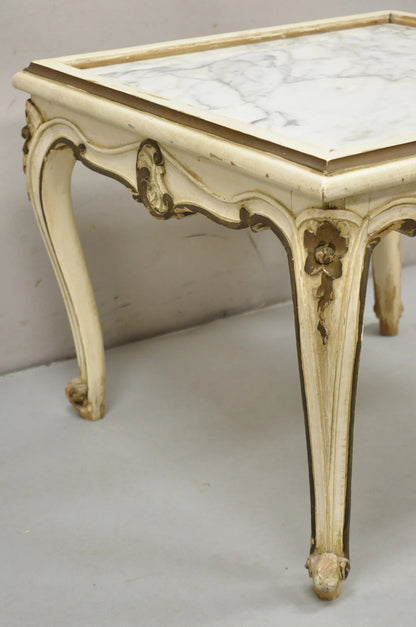 Vintage French Louis XV Style White Painted Marble Top Low Square Coffee Table
