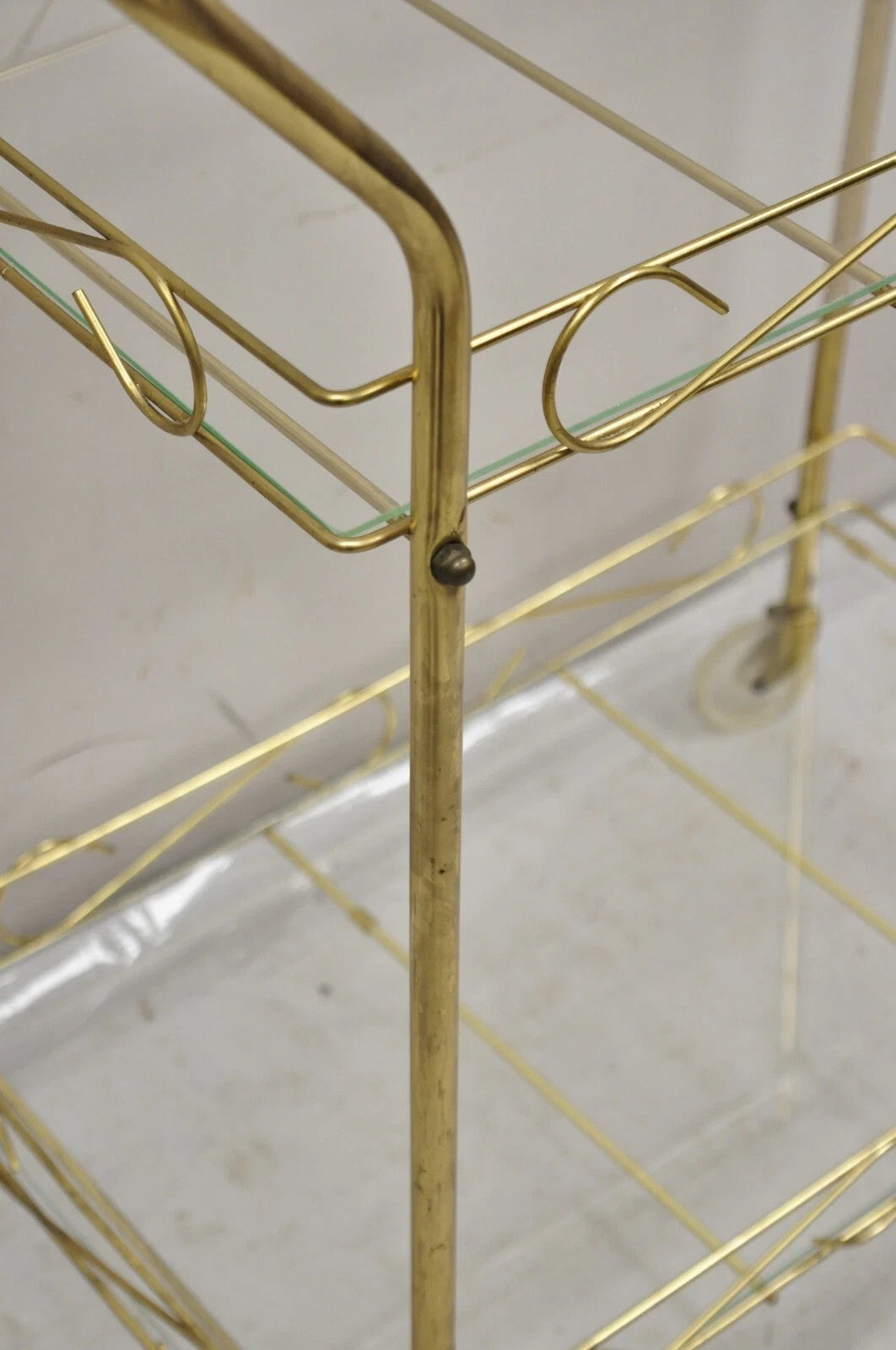 Vintage Mid Century Modern Gold Metal 2 Tier Rolling Bar Tea Cart Server