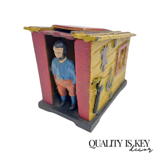 Vintage Cast Iron Book of Knowledge Bank Mechanical Yellow Cabin Mountain Man