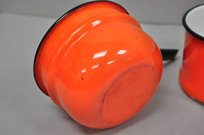 Vintage Enamel Orange & Black Metal Double Boiler Nesting Pot w/ Lid