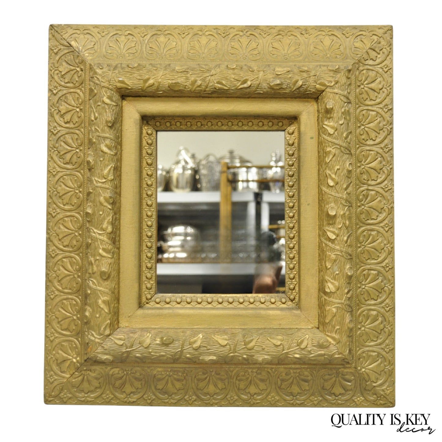 Antique Victorian Gold Giltwood Gesso Leaf Vine Small Black Forrest Wall Mirror