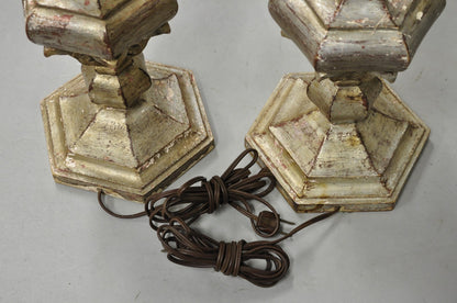 Italian Hollywood Regency Silver Carved Giltwood Candlestick Table Lamps a Pair