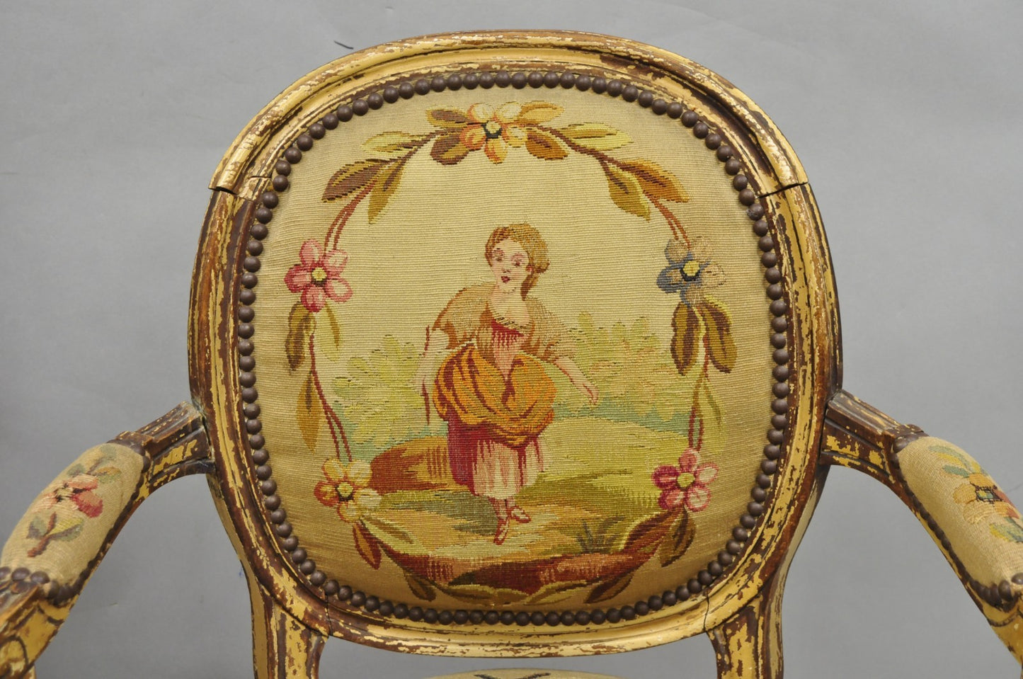 Antique French Louis XVI Style Aubusson Tapestry Fauteuil Arm Chairs - a Pair
