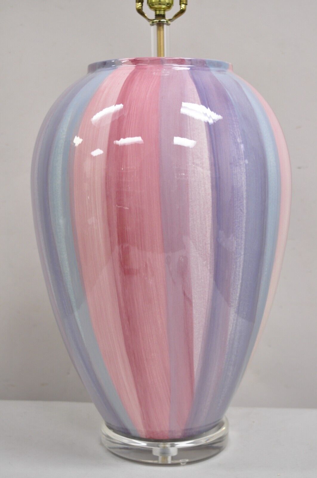 Vintage Postmodern Large Ceramic "Hot Air Balloon" Pink Striped Table Lamp