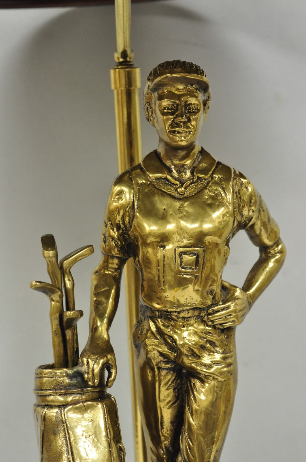Vintage Maitland Smith Bronze Figure Golfer Sculpture Table Lamp w Leather Shade