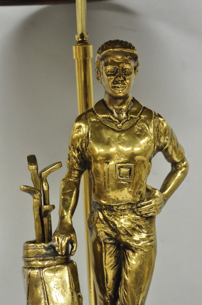 Vintage Maitland Smith Bronze Figure Golfer Sculpture Table Lamp w Leather Shade