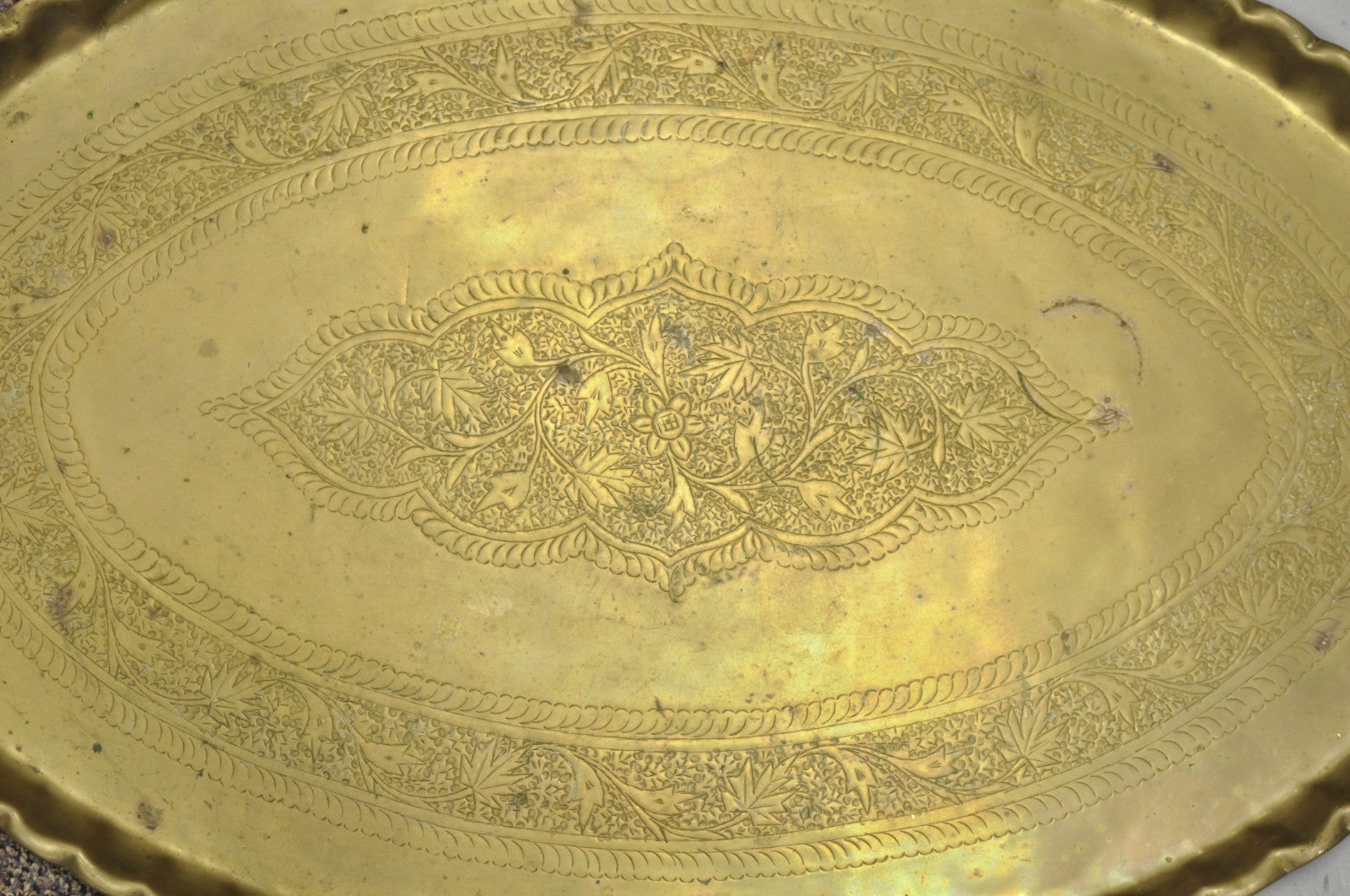 Vintage Moroccan Middle Eastern Solid Brass Large Oval Engraved 35" Tray Top