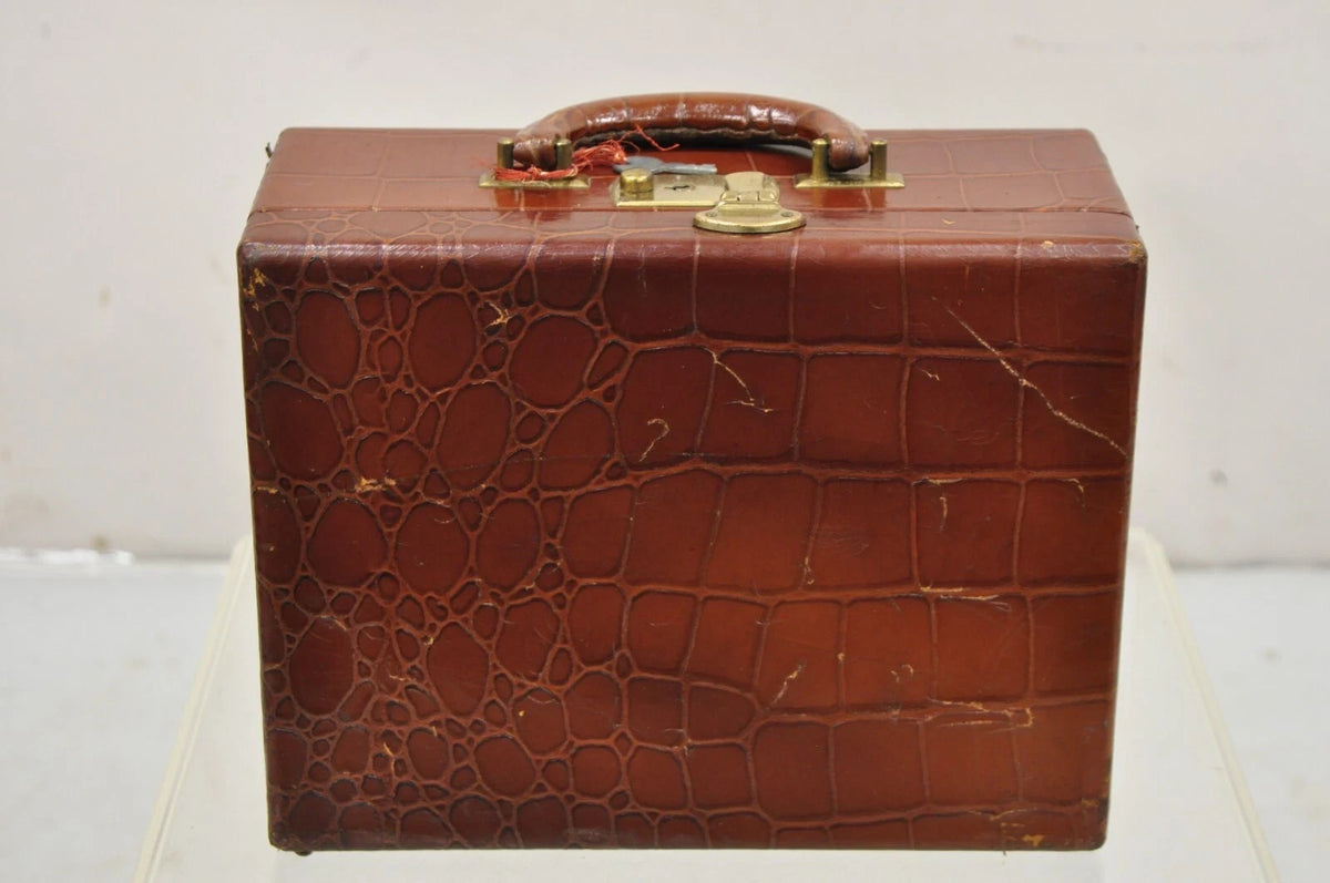 Vintage Brown Leather Art Deco Faux Crocodile Small Toiletry Travel Vanity Case