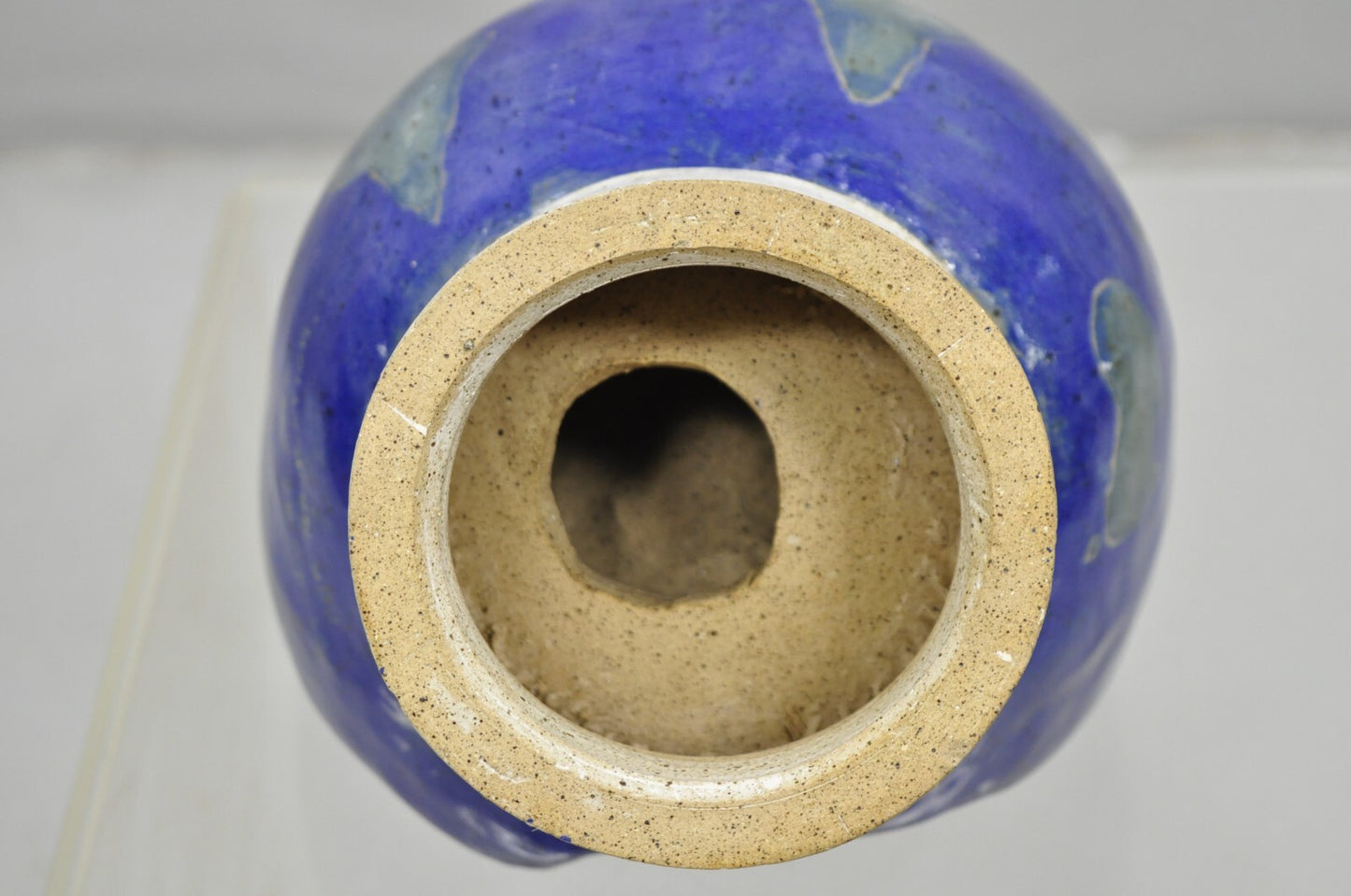 Vintage Mid Century Modern Blue Glaze Ceramic Pottery World Globe Face Sculpture