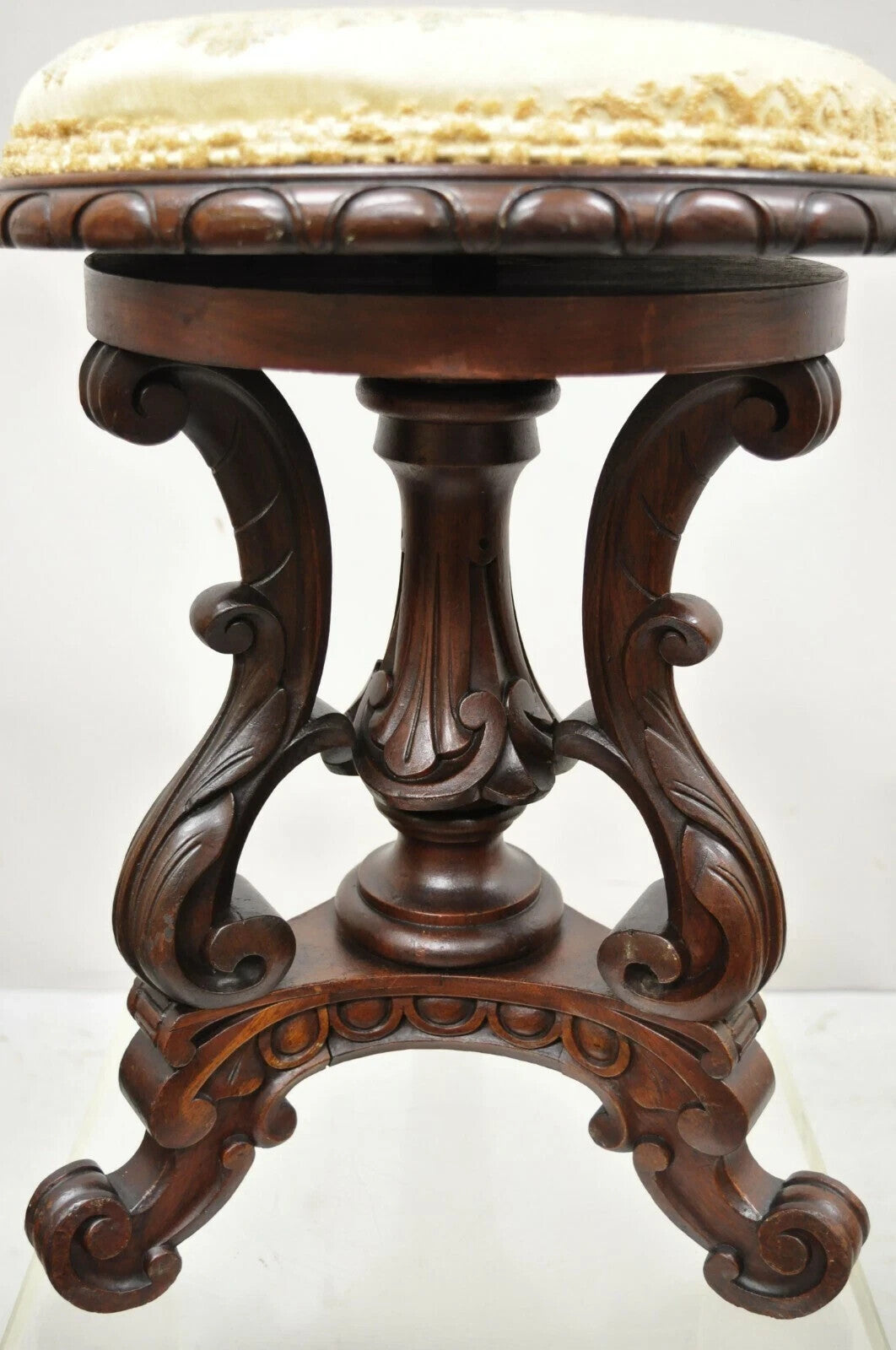 Antique Victorian Carved Walnut Adjustable Height Pedestal Base Piano Stool