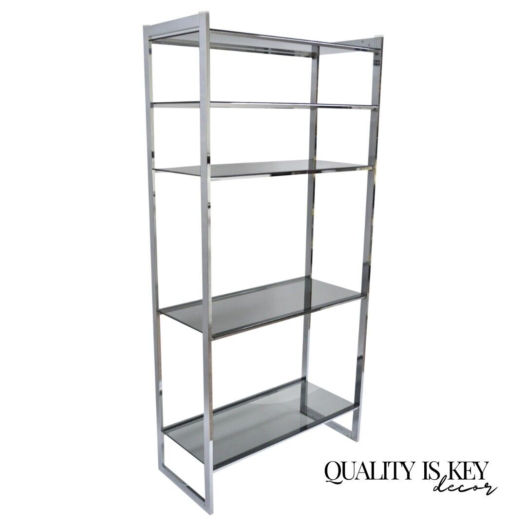 Mid Century Modern Chrome Smoked Glass Etagere Bookcase Shelf Baughman Style 74"