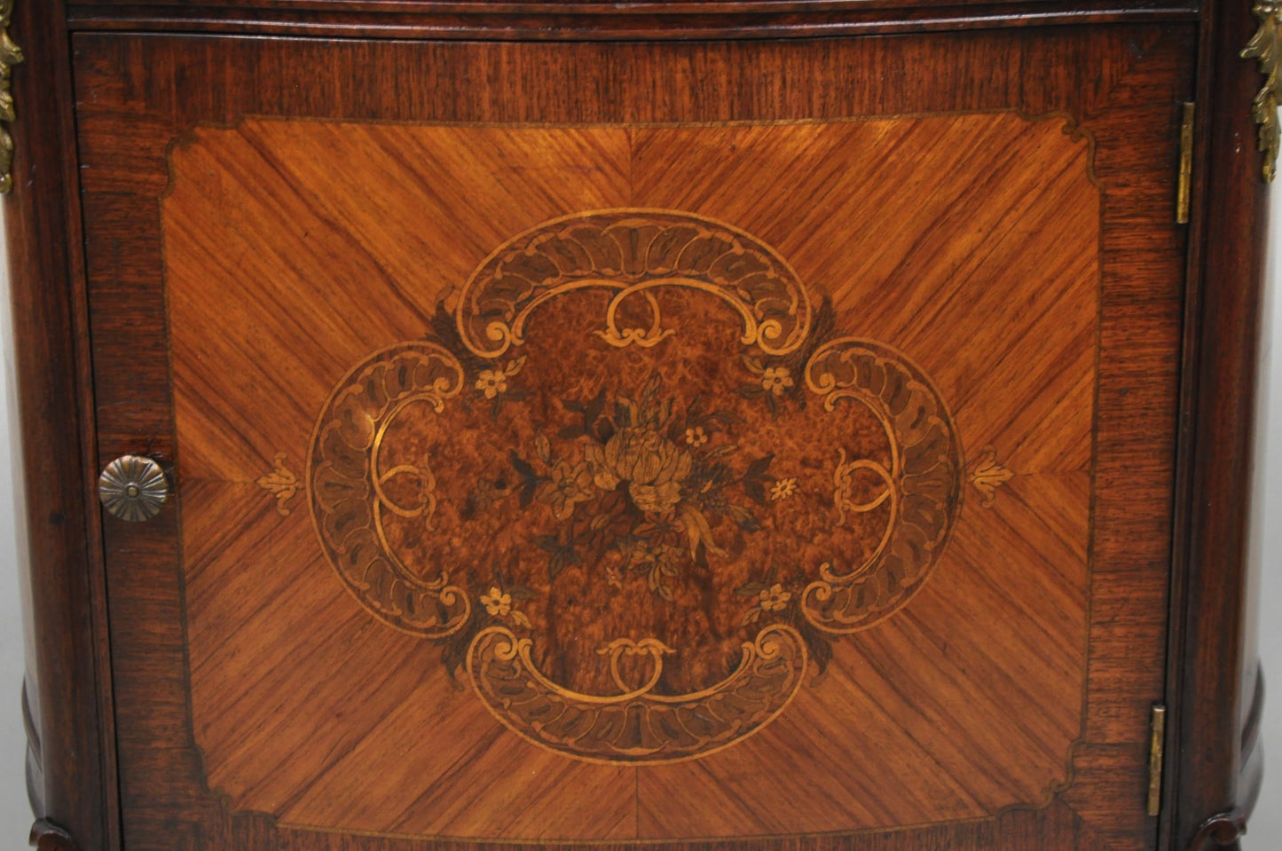 Antique French Louis XV Style Marble Top Satinwood Inlay Bombe Nightstand Table