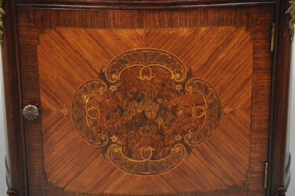 Antique French Louis XV Style Marble Top Satinwood Inlay Bombe Nightstand Table